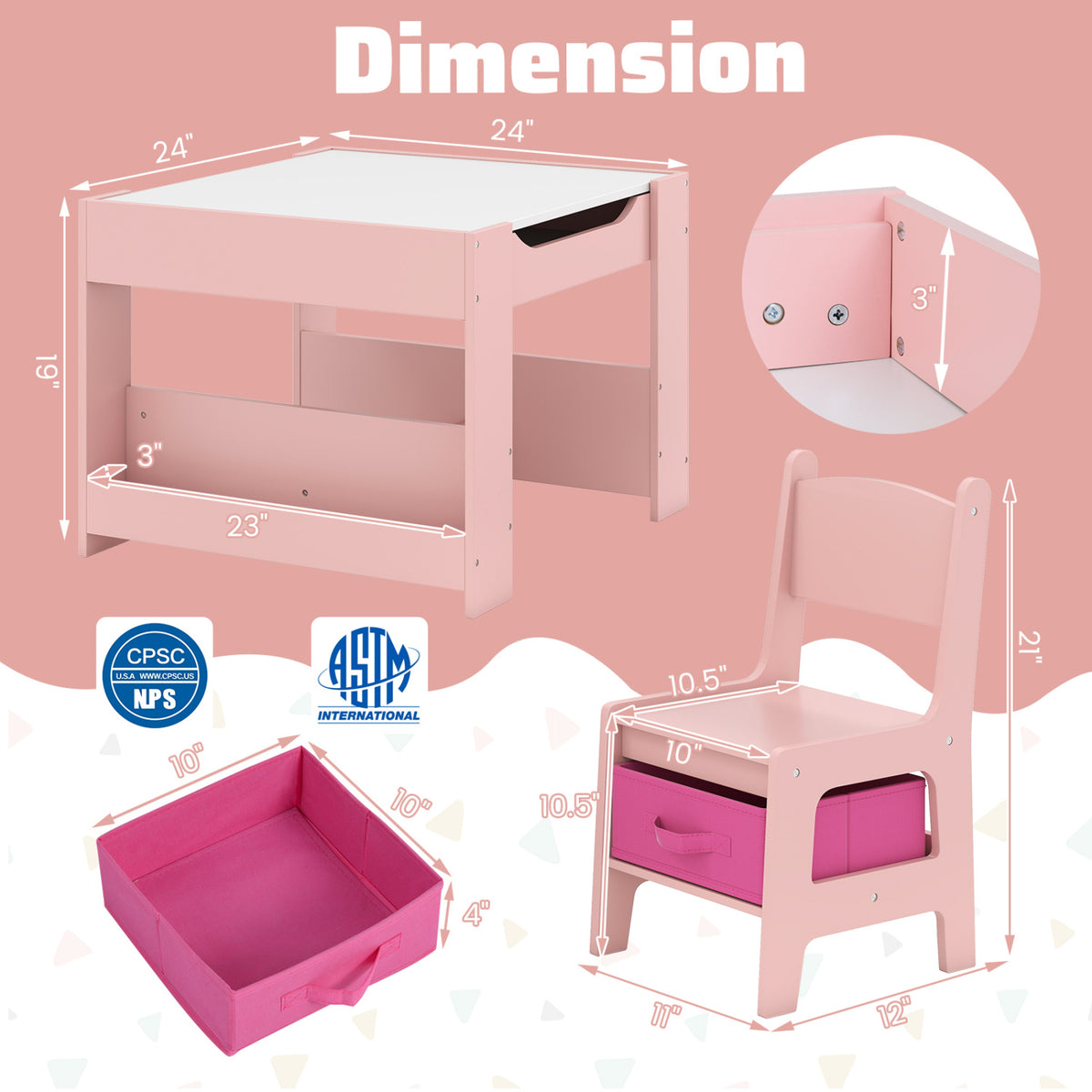 Kids Activity Table and Chairs Set with Reversible Whiteboard & Blackboard - Pink + Whiteboard