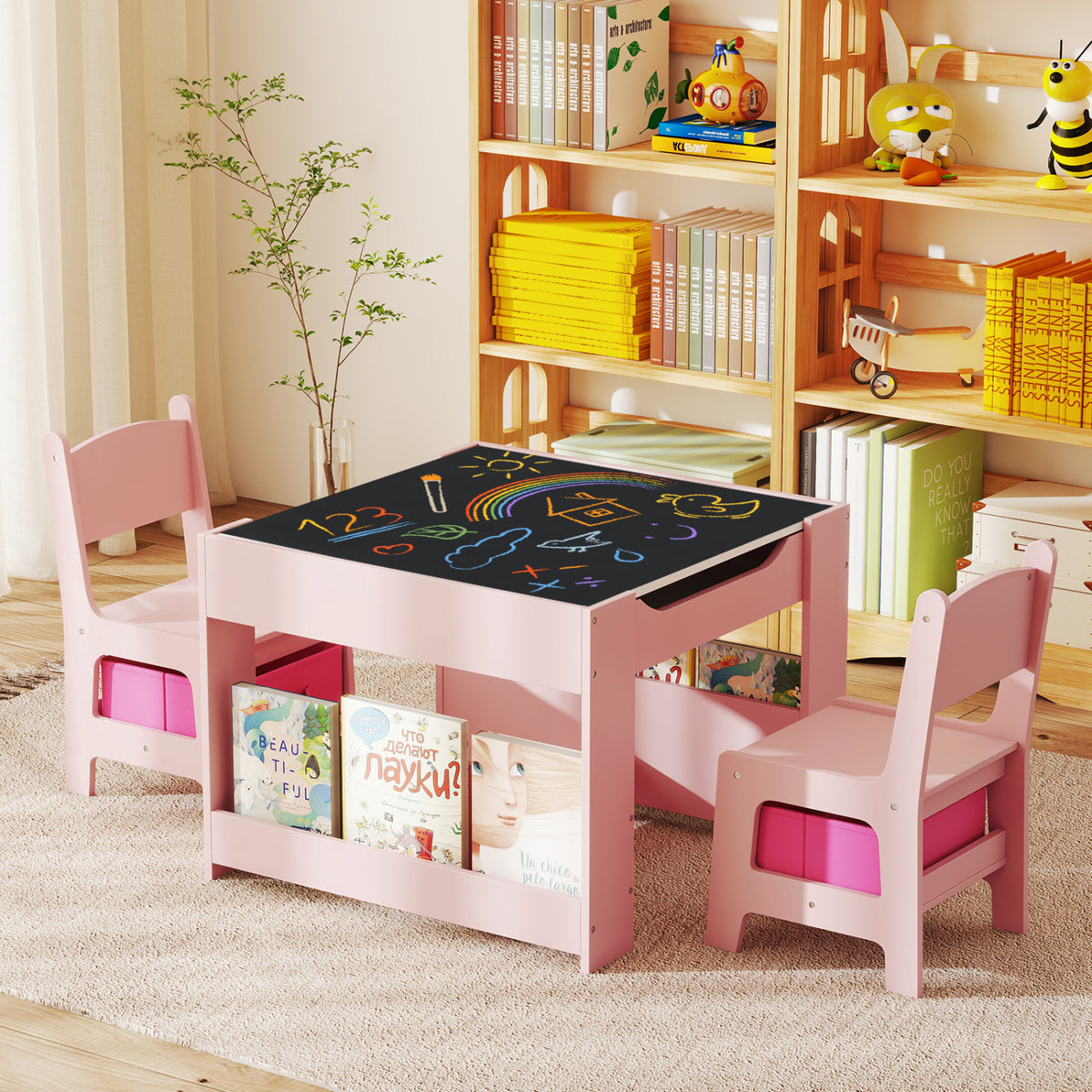 Kids Activity Table and Chairs Set with Reversible Whiteboard & Blackboard - Pink + Whiteboard
