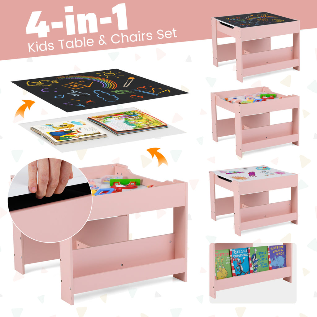 Kids Activity Table and Chairs Set with Reversible Whiteboard & Blackboard - Pink + Whiteboard