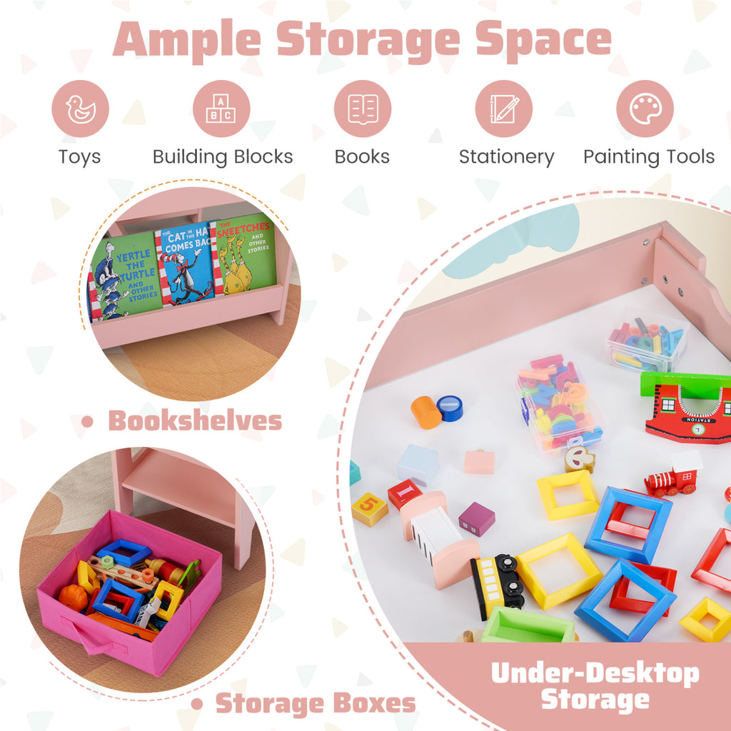 Kids Activity Table and Chairs Set with Reversible Whiteboard & Blackboard - Pink + Whiteboard