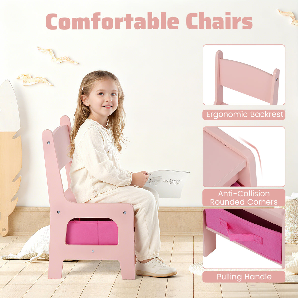 Kids Activity Table and Chairs Set with Reversible Whiteboard & Blackboard - Pink + Whiteboard