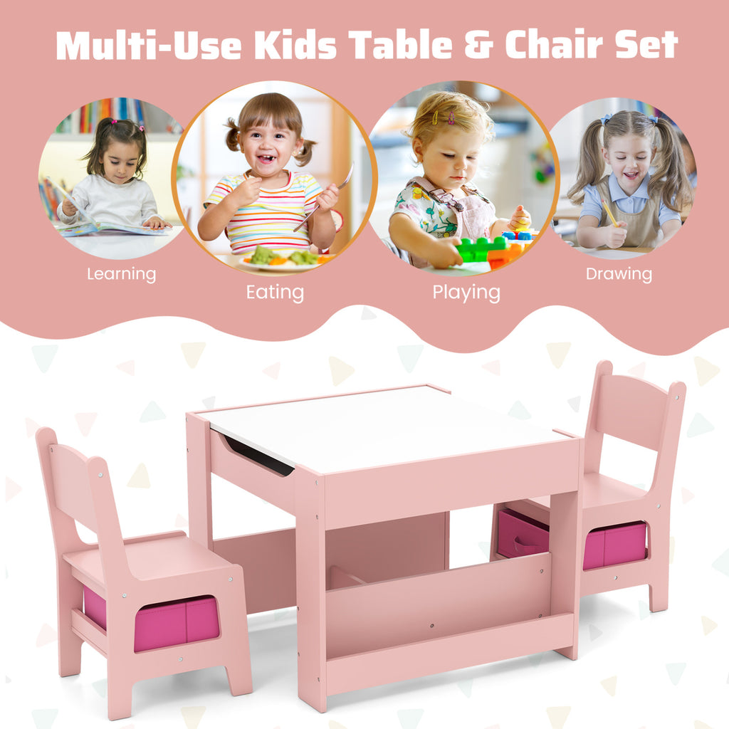 Kids Activity Table and Chairs Set with Reversible Whiteboard & Blackboard - Pink + Whiteboard