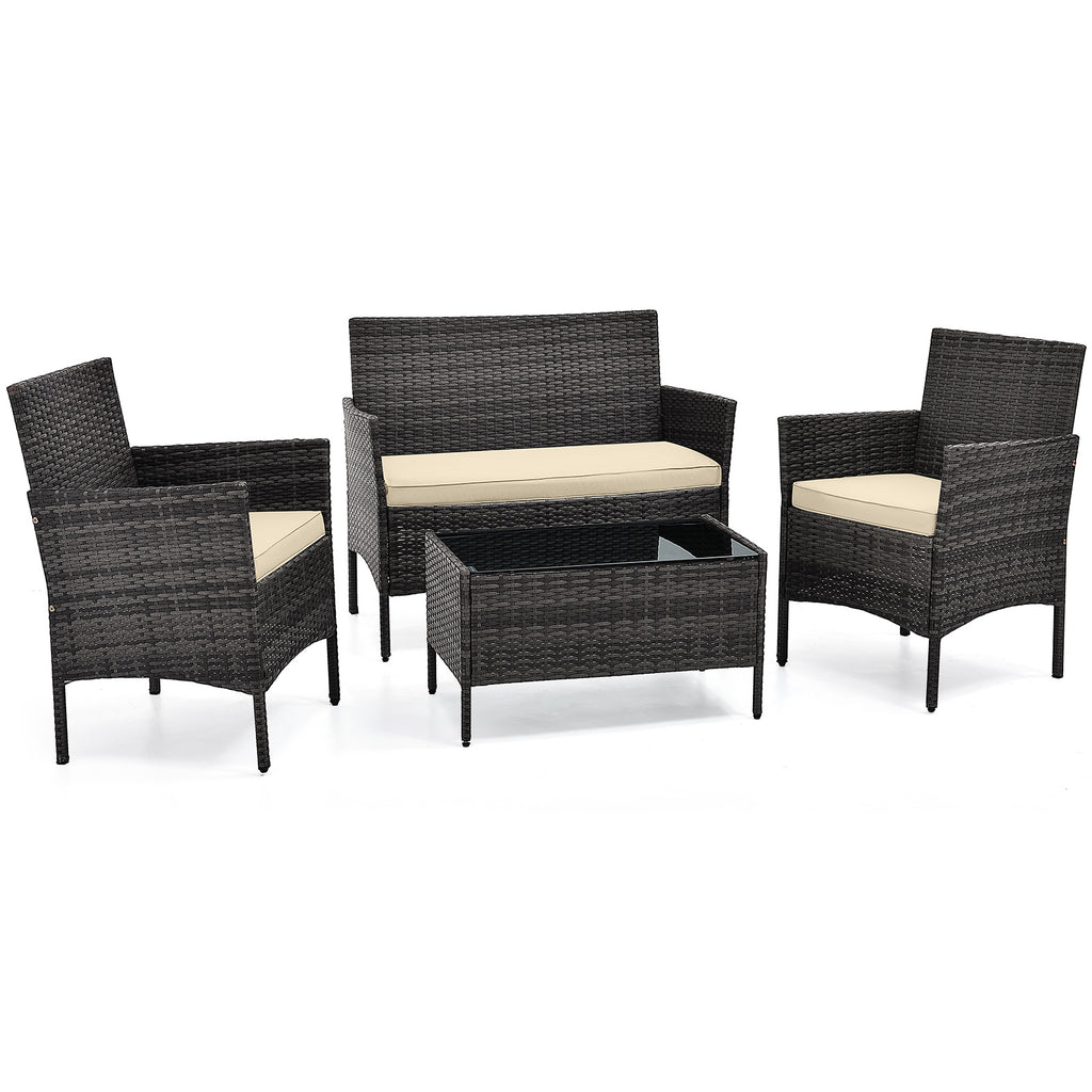 4 Piece Patio Rattan Conversation Set with Cozy Seat Cushions