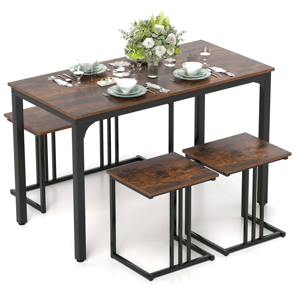 4-Piece Dining Table Set with Bench & 2 Stools – Oak