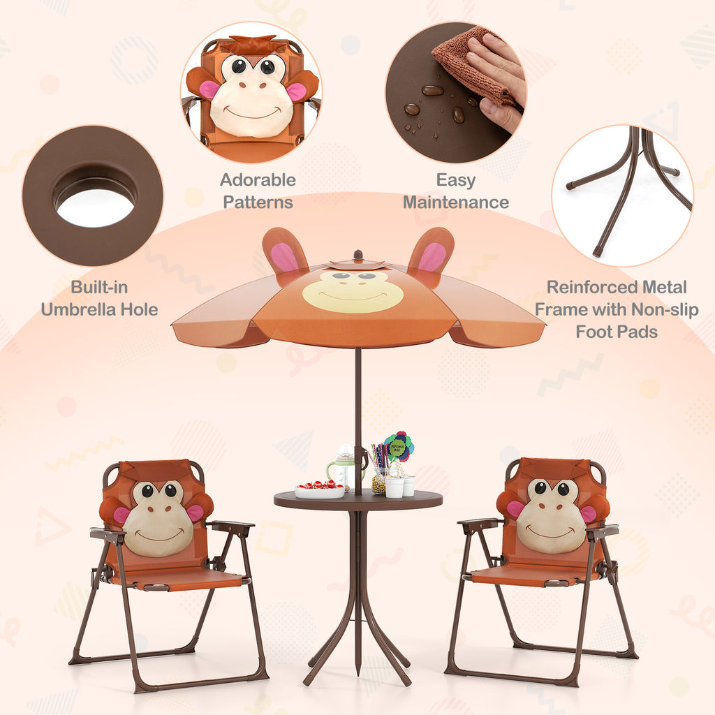 Kids Picnic Set with 2 Folding Chairs and Adjustable Umbrella - Brown