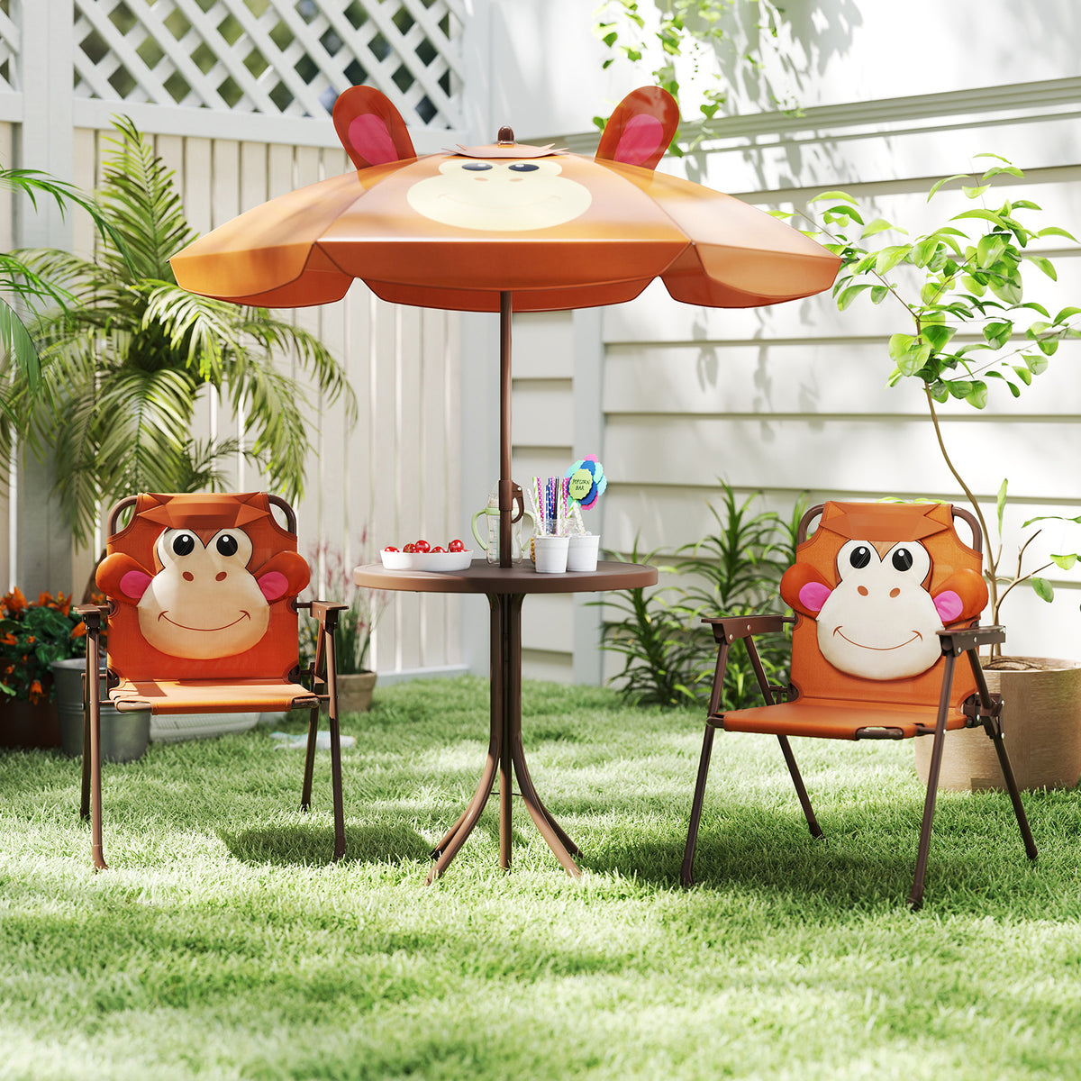 Kids Picnic Set with 2 Folding Chairs and Adjustable Umbrella - Brown