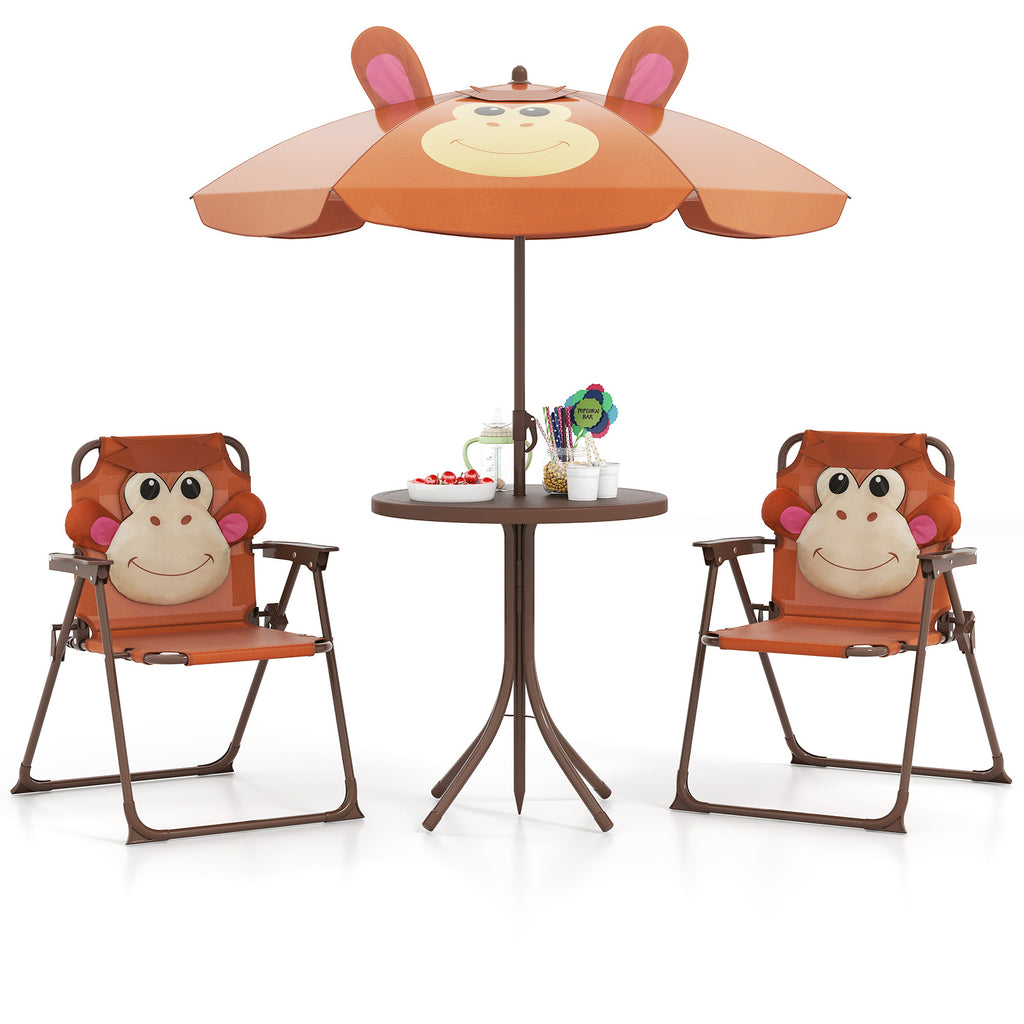 Kids Picnic Set with 2 Folding Chairs and Adjustable Umbrella - Brown
