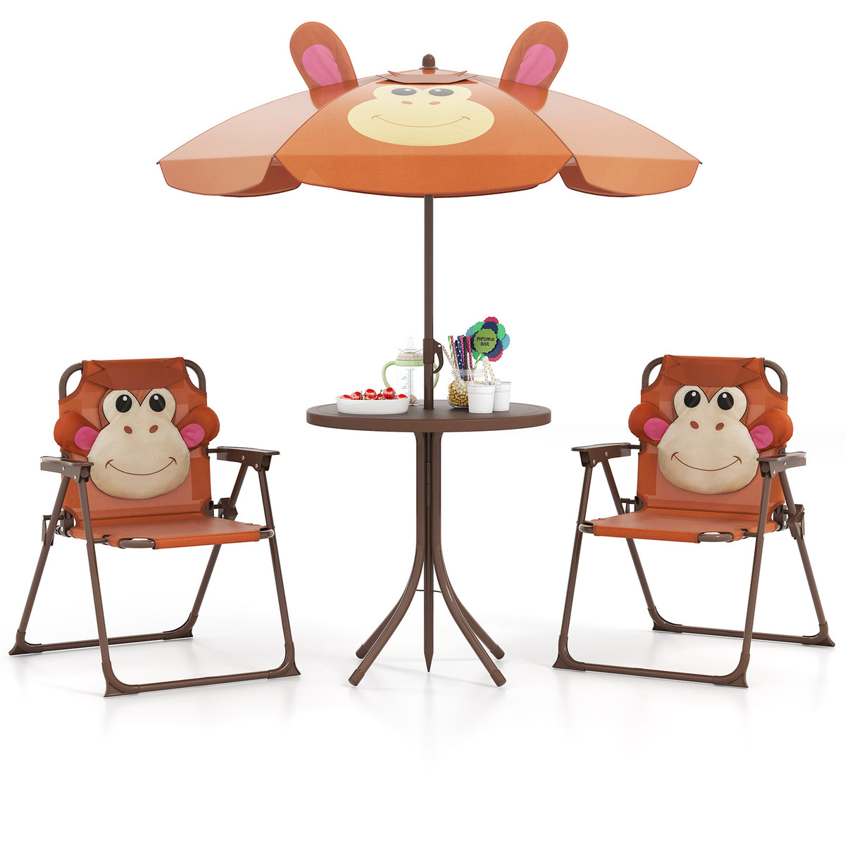 Kids Picnic Set with 2 Folding Chairs and Adjustable Umbrella - Brown