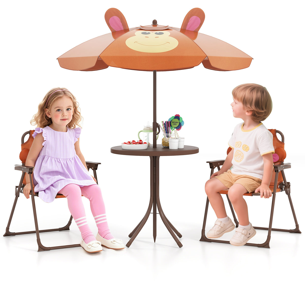Kids Picnic Set with 2 Folding Chairs and Adjustable Umbrella - Brown
