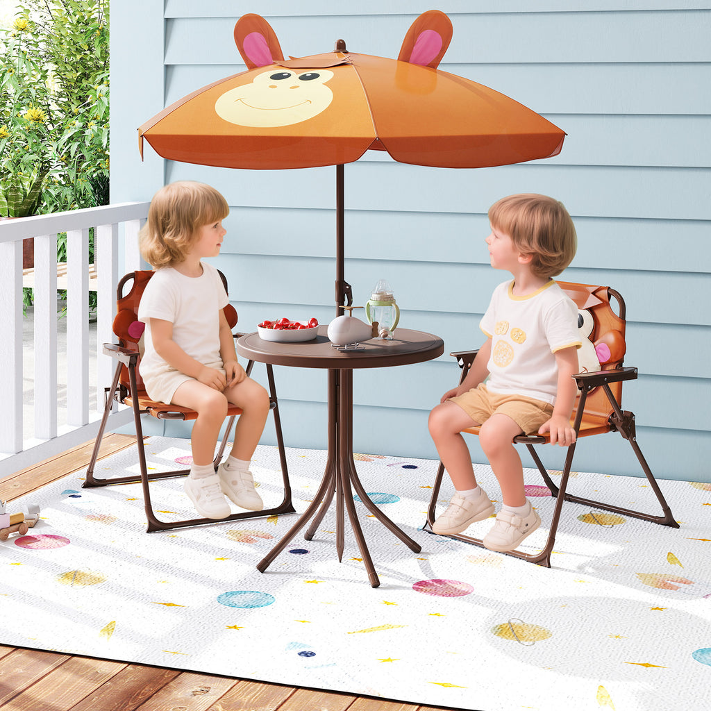 Kids Picnic Set with 2 Folding Chairs and Adjustable Umbrella - Brown