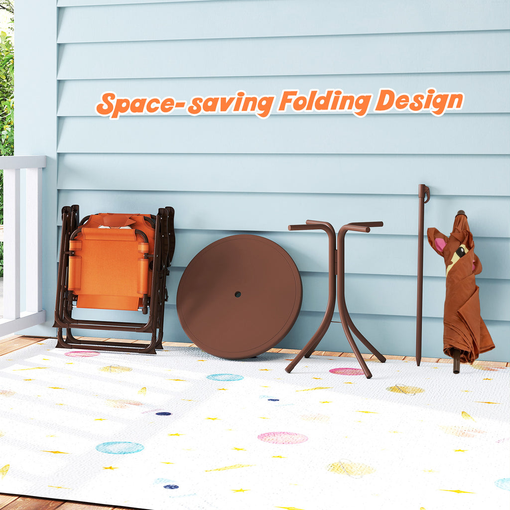 Kids Picnic Set with 2 Folding Chairs and Adjustable Umbrella - Brown