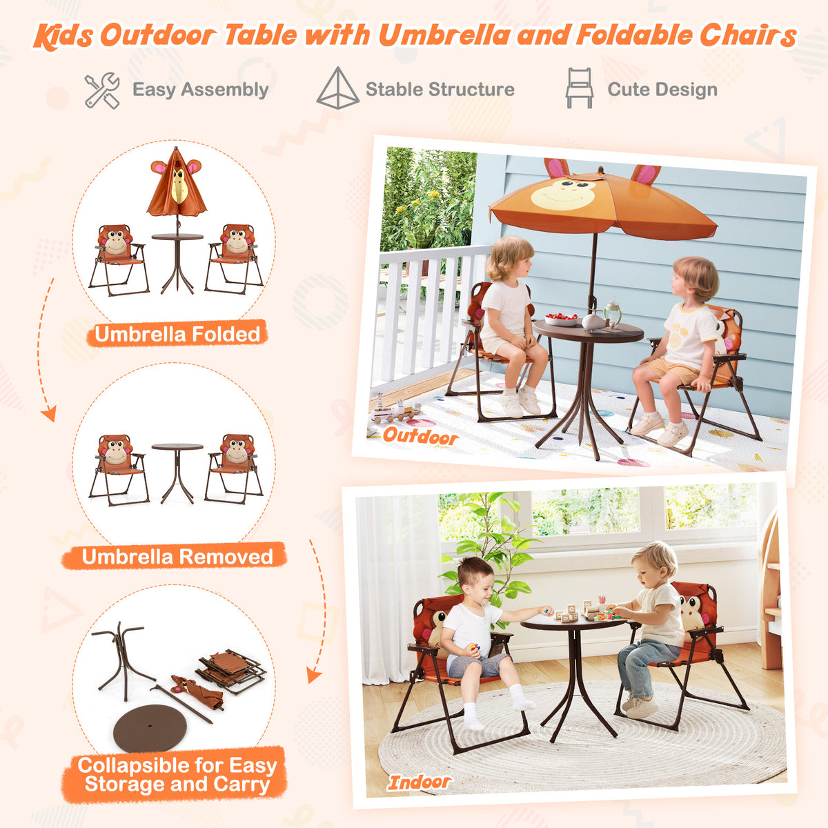 Kids Picnic Set with 2 Folding Chairs and Adjustable Umbrella - Brown