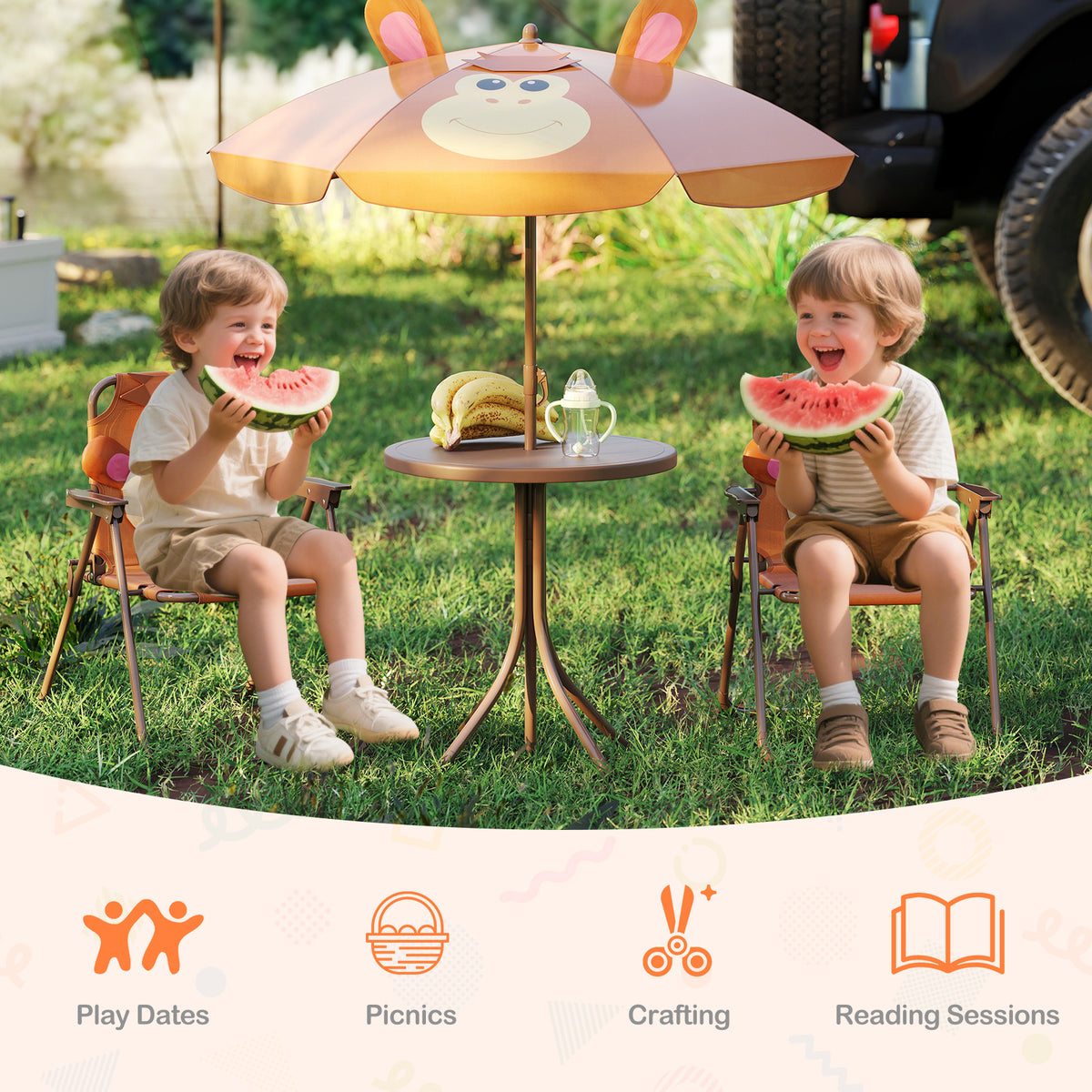 Kids Picnic Set with 2 Folding Chairs and Adjustable Umbrella - Brown