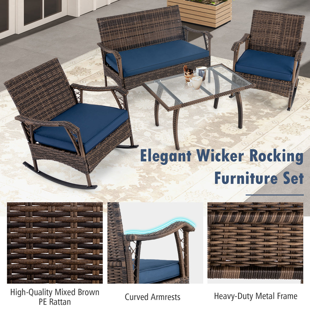 4 Pieces Wicker Rocking Set with Bungee Rope Seat