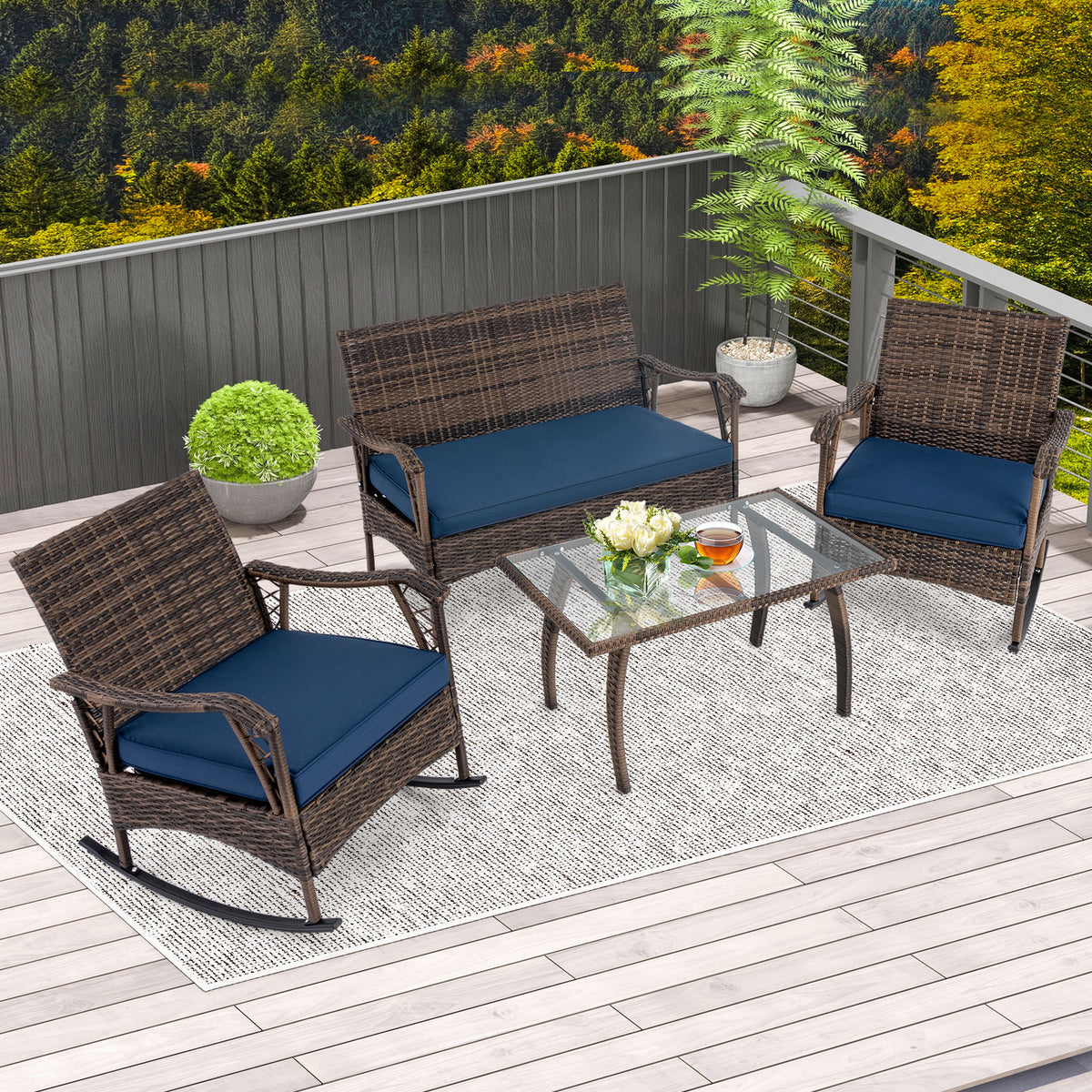 4 Pieces Wicker Rocking Set with Bungee Rope Seat