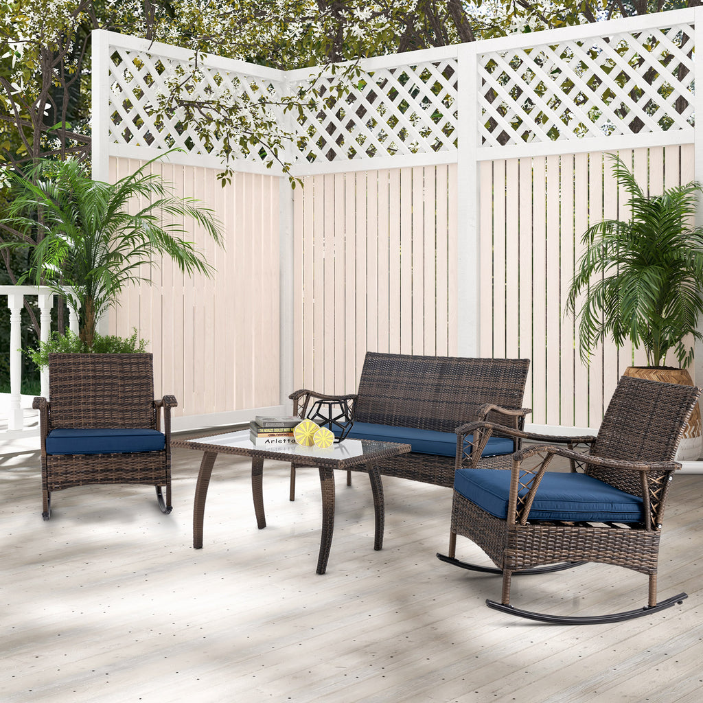 4 Pieces Wicker Rocking Set with Bungee Rope Seat