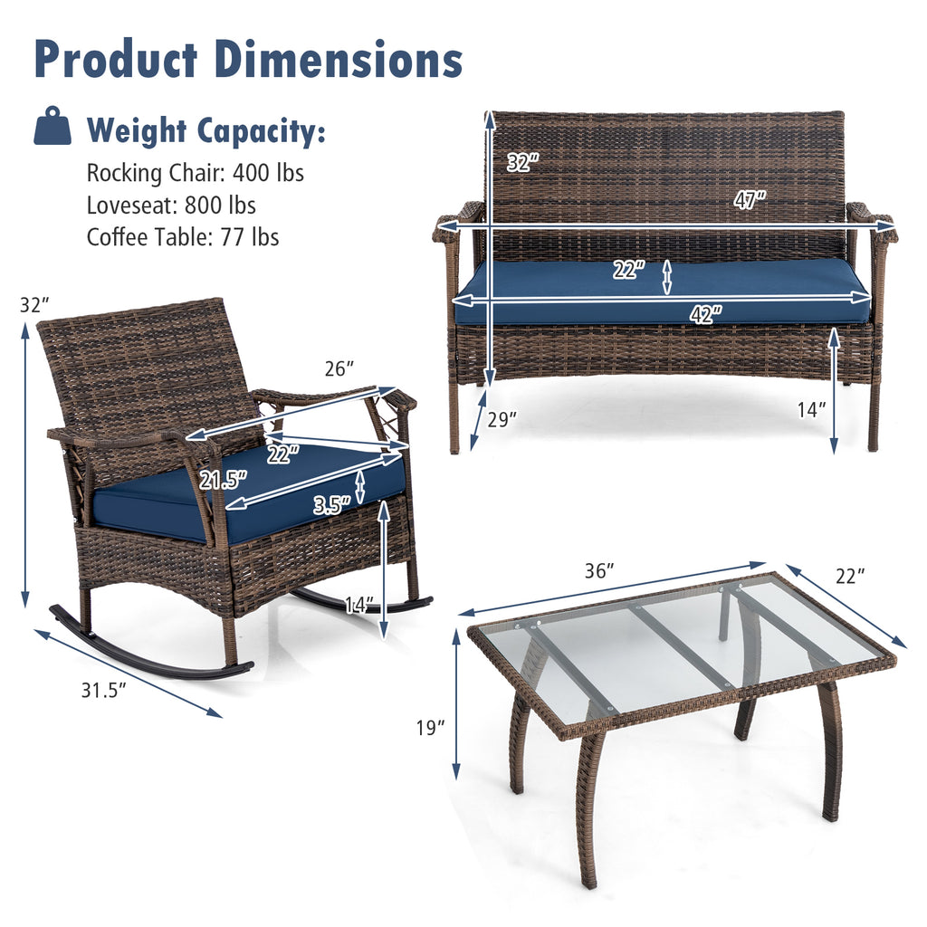 4 Pieces Wicker Rocking Set with Bungee Rope Seat