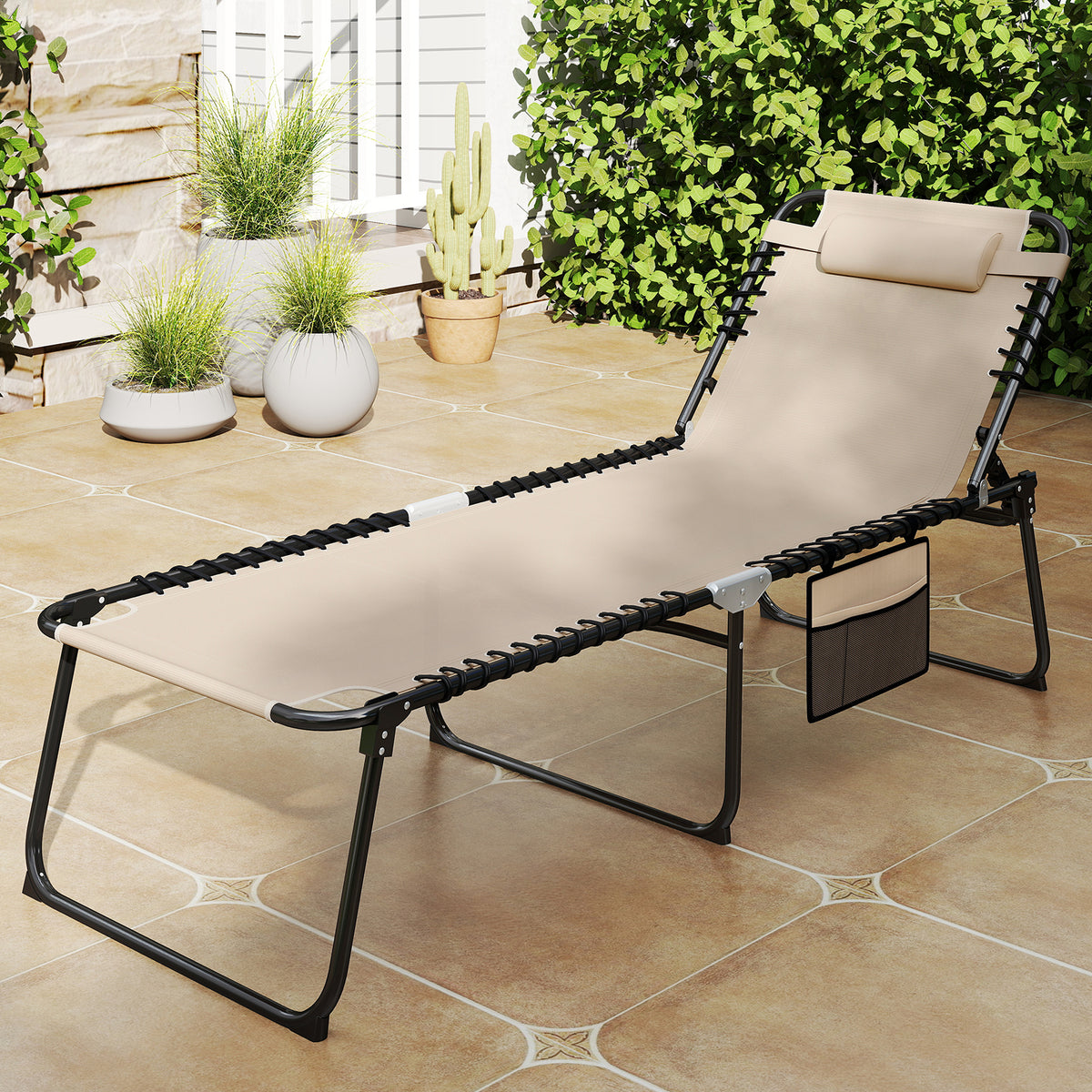 4 Position Folding Lounge Chaise with Adjustable Backrest and Footrest