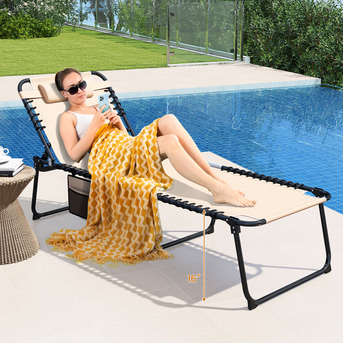 4 Position Folding Lounge Chaise with Adjustable Backrest and Footrest