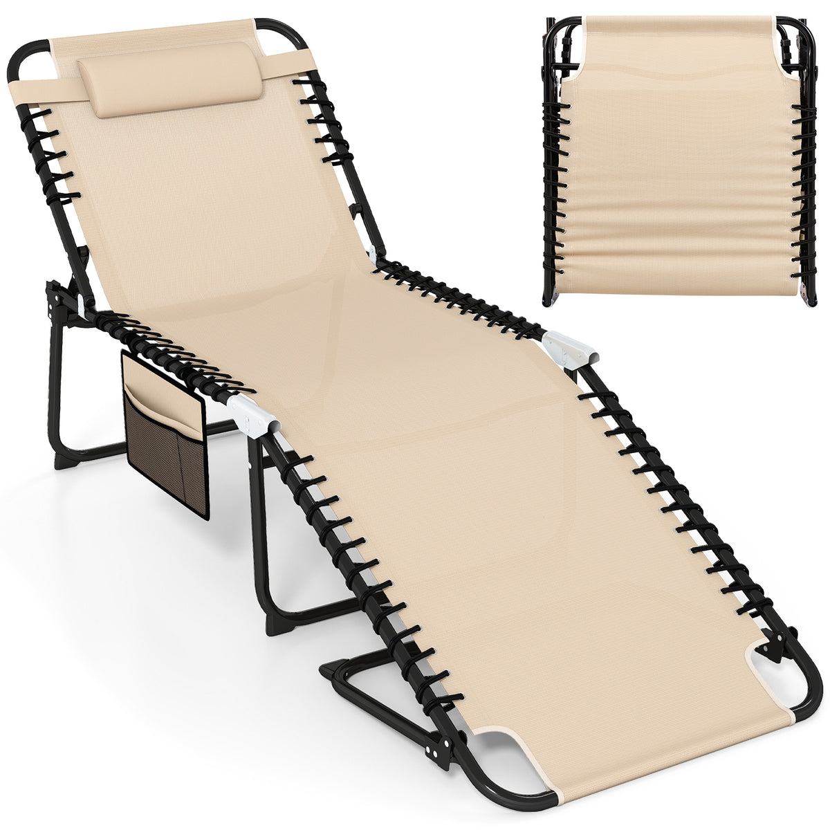 4 Position Folding Lounge Chaise with Adjustable Backrest and Footrest
