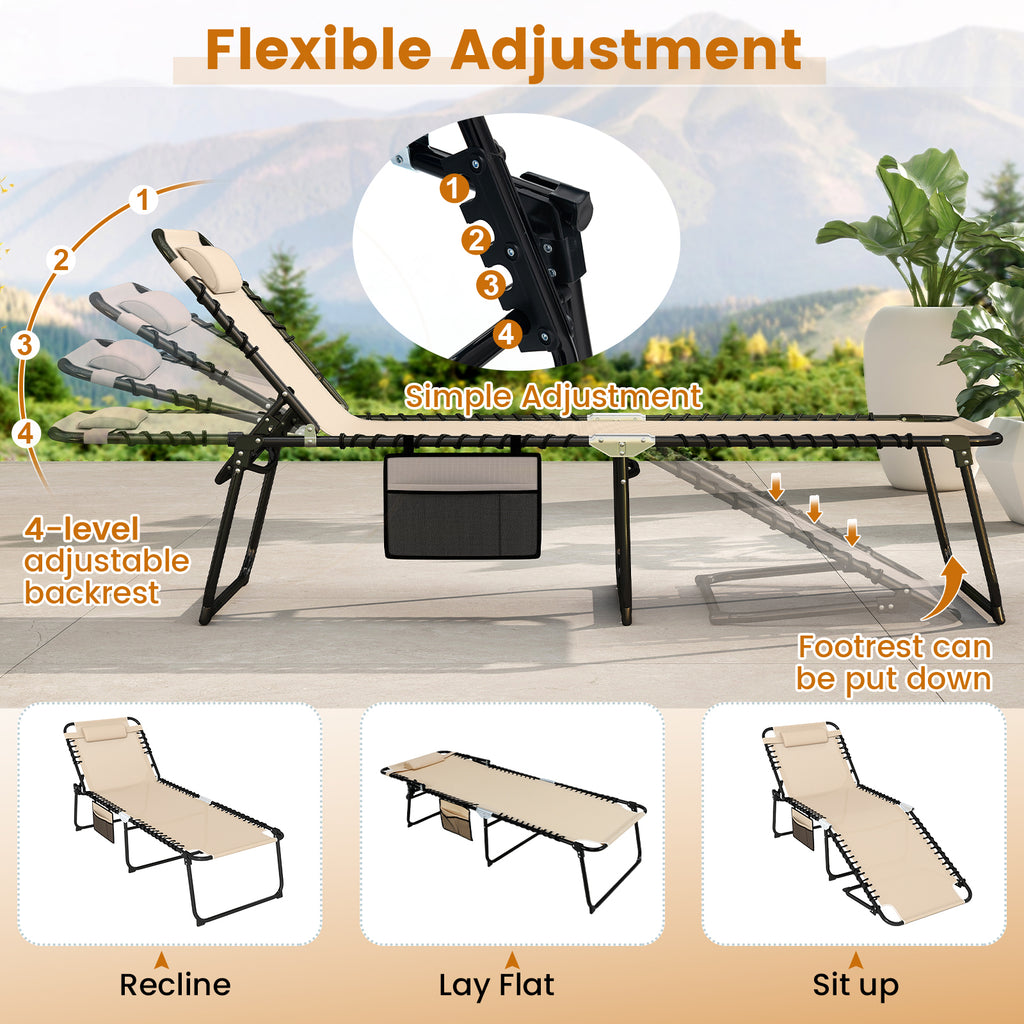 4 Position Folding Lounge Chaise with Adjustable Backrest and Footrest