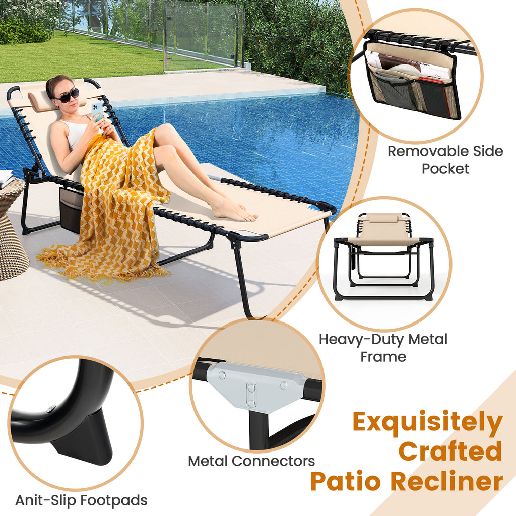4 Position Folding Lounge Chaise with Adjustable Backrest and Footrest