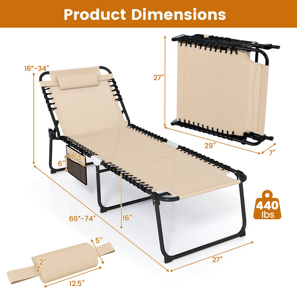 4 Position Folding Lounge Chaise with Adjustable Backrest and Footrest