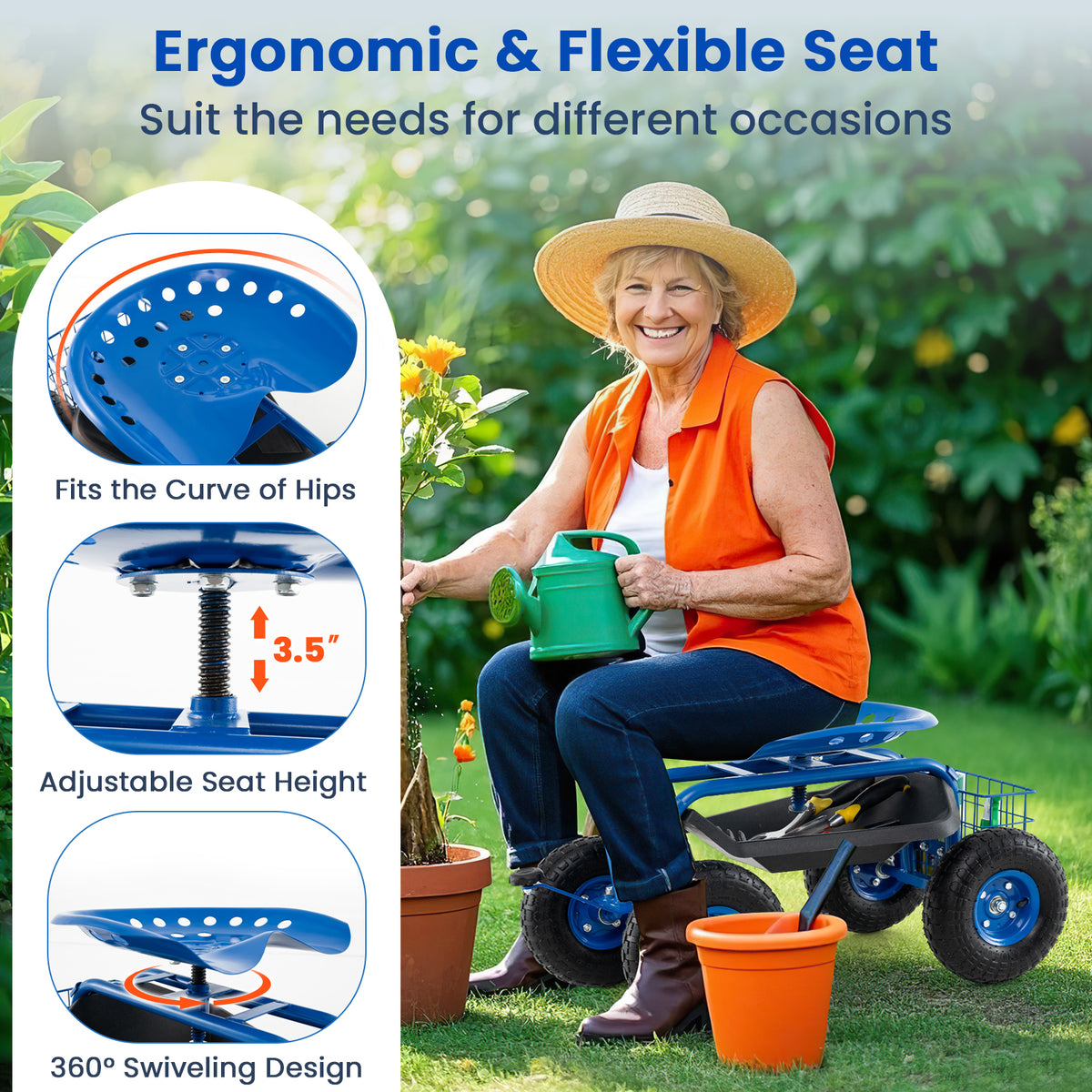 4-Wheel Rolling Garden Cart Work Seat