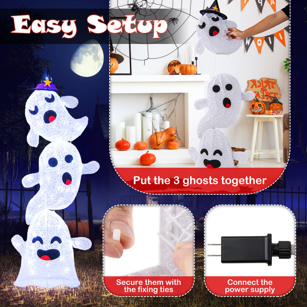 4 Ft Lighted Standing Halloween Ghost Decoration with 120 LED Lights - Outdoor Friendly, Windproof & Rainproof - Variations Include 4 Feet Stacked Ghosts