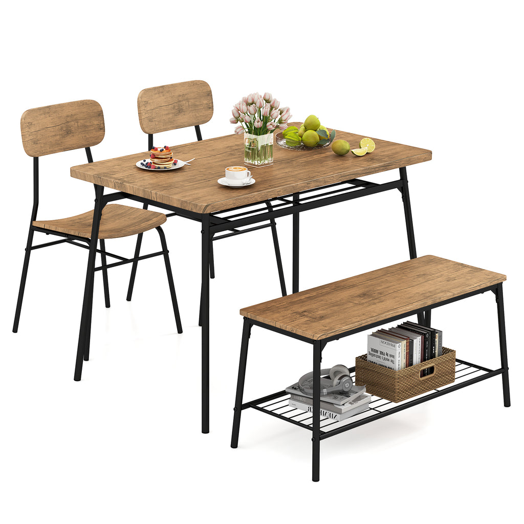 4-Piece Dining Table Set with Bench & Chairs - Brown