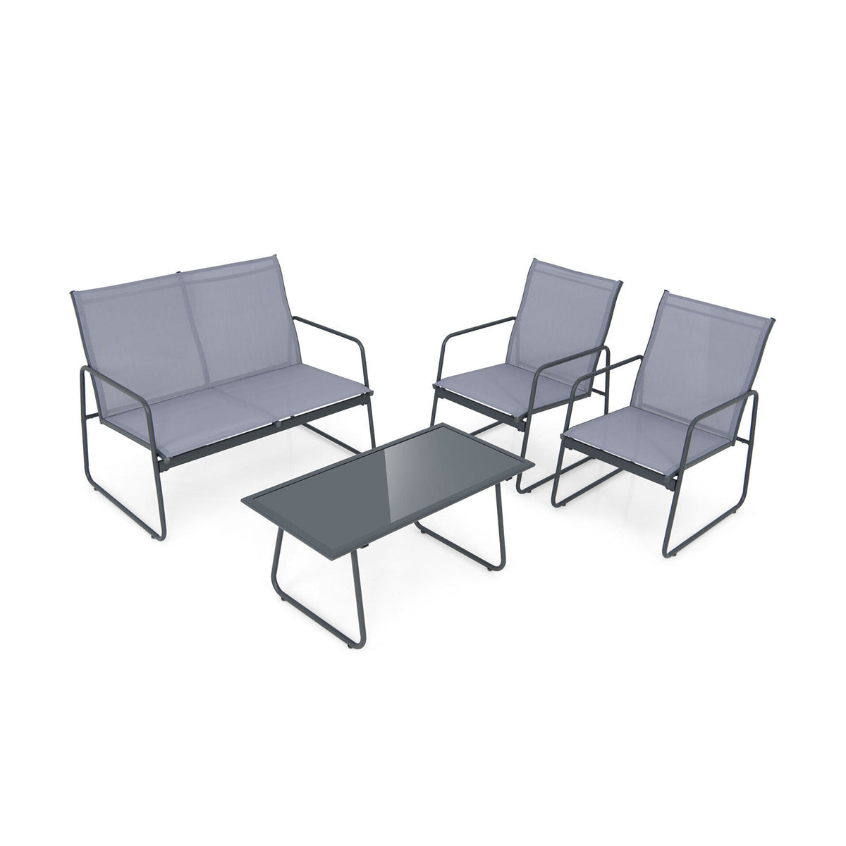 4 Pieces of Metal Patio Furniture Chat Set with Tempered Glass Coffee