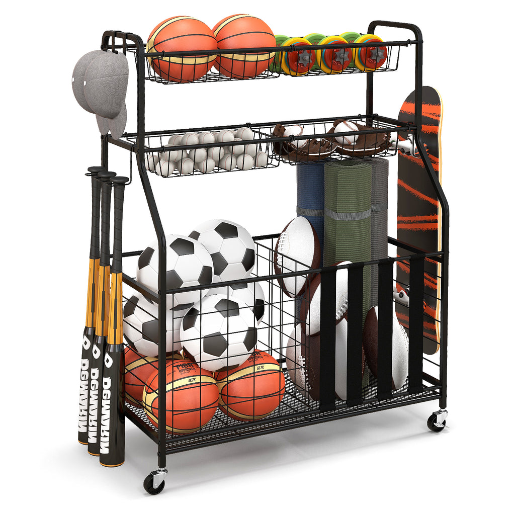 Garage Sports Equipment Organizer with Hooks Baskets & Elastic Straps - Black, Removable Mesh Baskets & Hooks