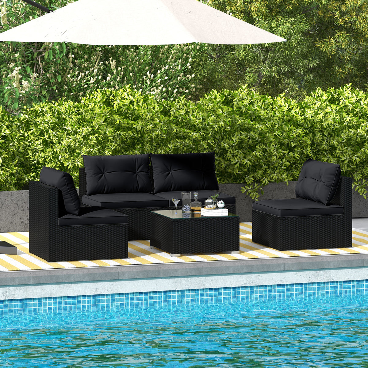5-Piece Outdoor Patio Set with Cushions & Coffee Table - Black Rattan