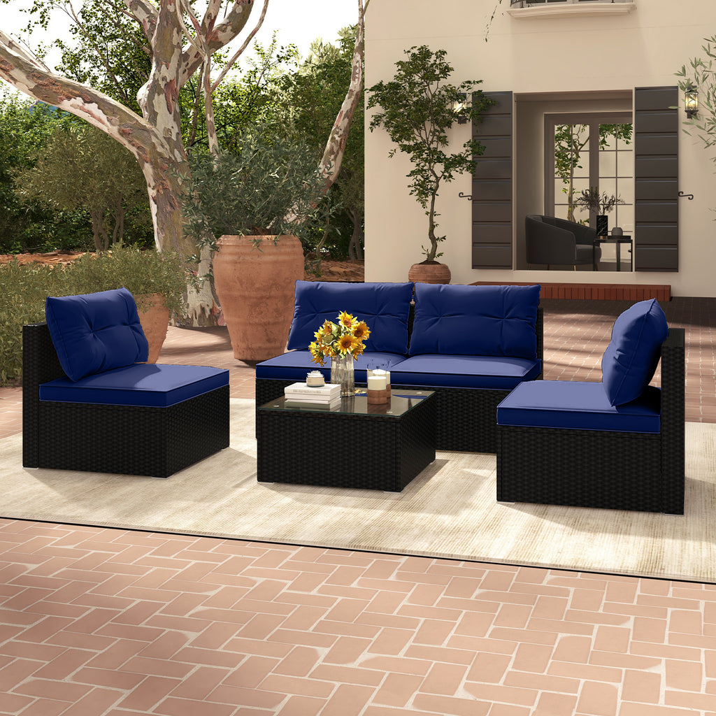 5-Piece Outdoor Patio Set with Cushions & Coffee Table - Black Rattan