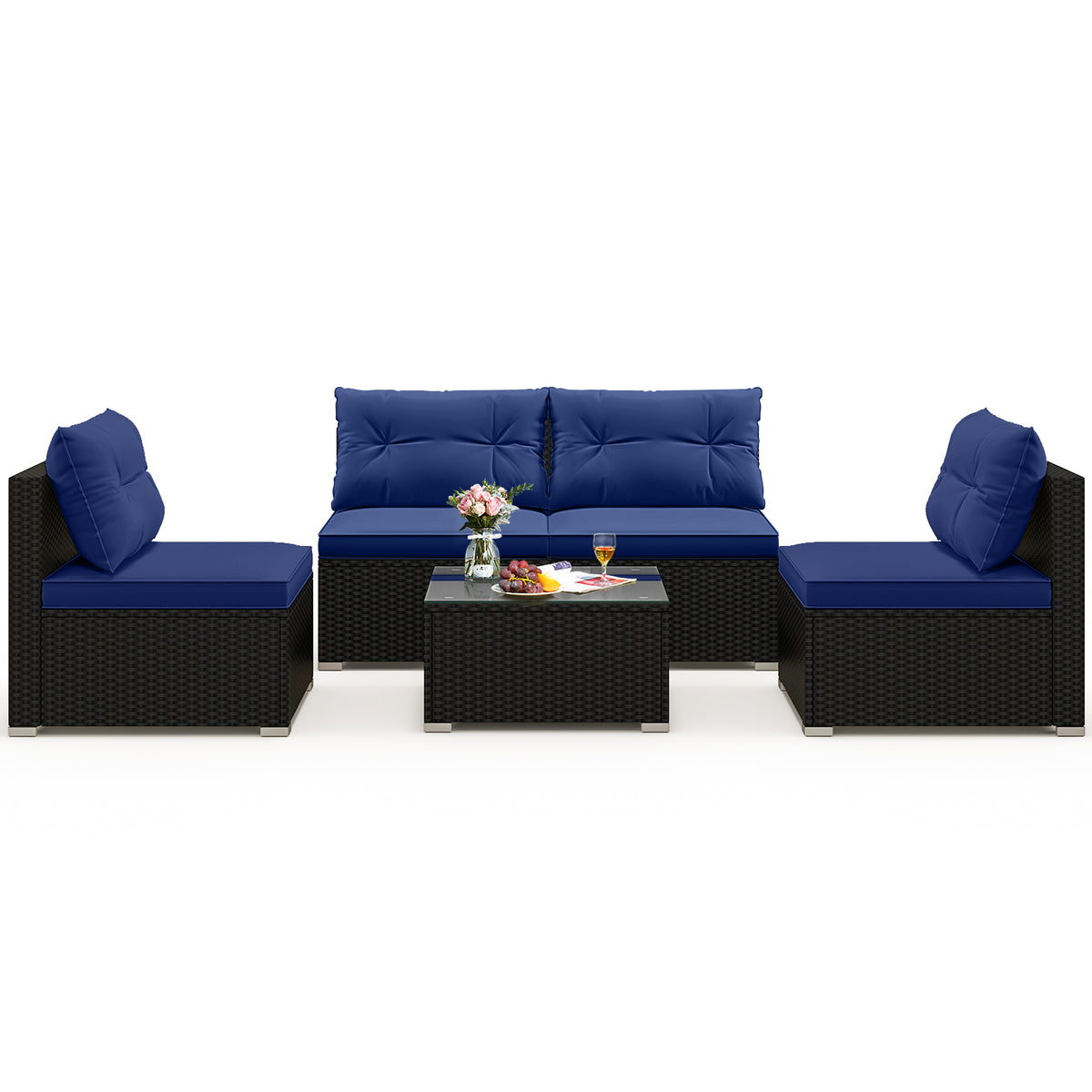 5-Piece Outdoor Patio Set with Cushions & Coffee Table - Black Rattan