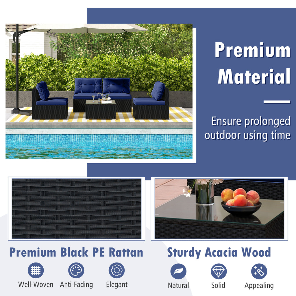 5-Piece Outdoor Patio Set with Cushions & Coffee Table - Black Rattan