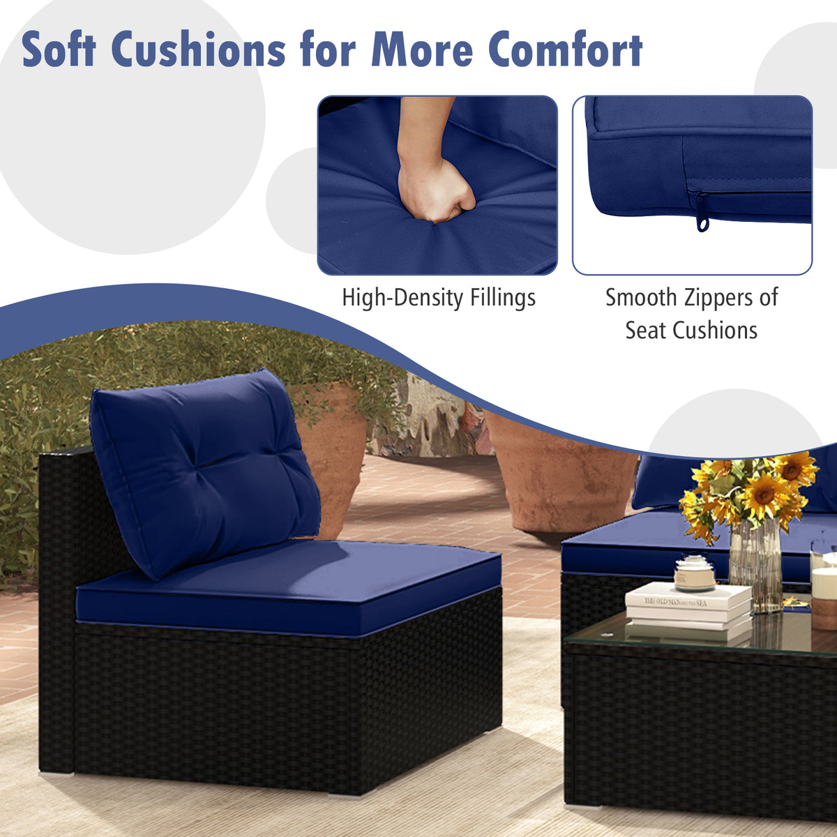 5-Piece Outdoor Patio Set with Cushions & Coffee Table - Black Rattan