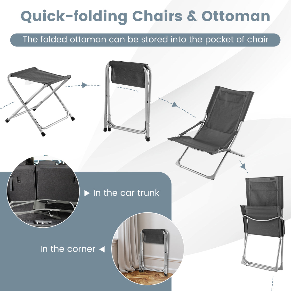 5-Piece Patio Sling Chair Set Folding Lounge Chairs with Footrests