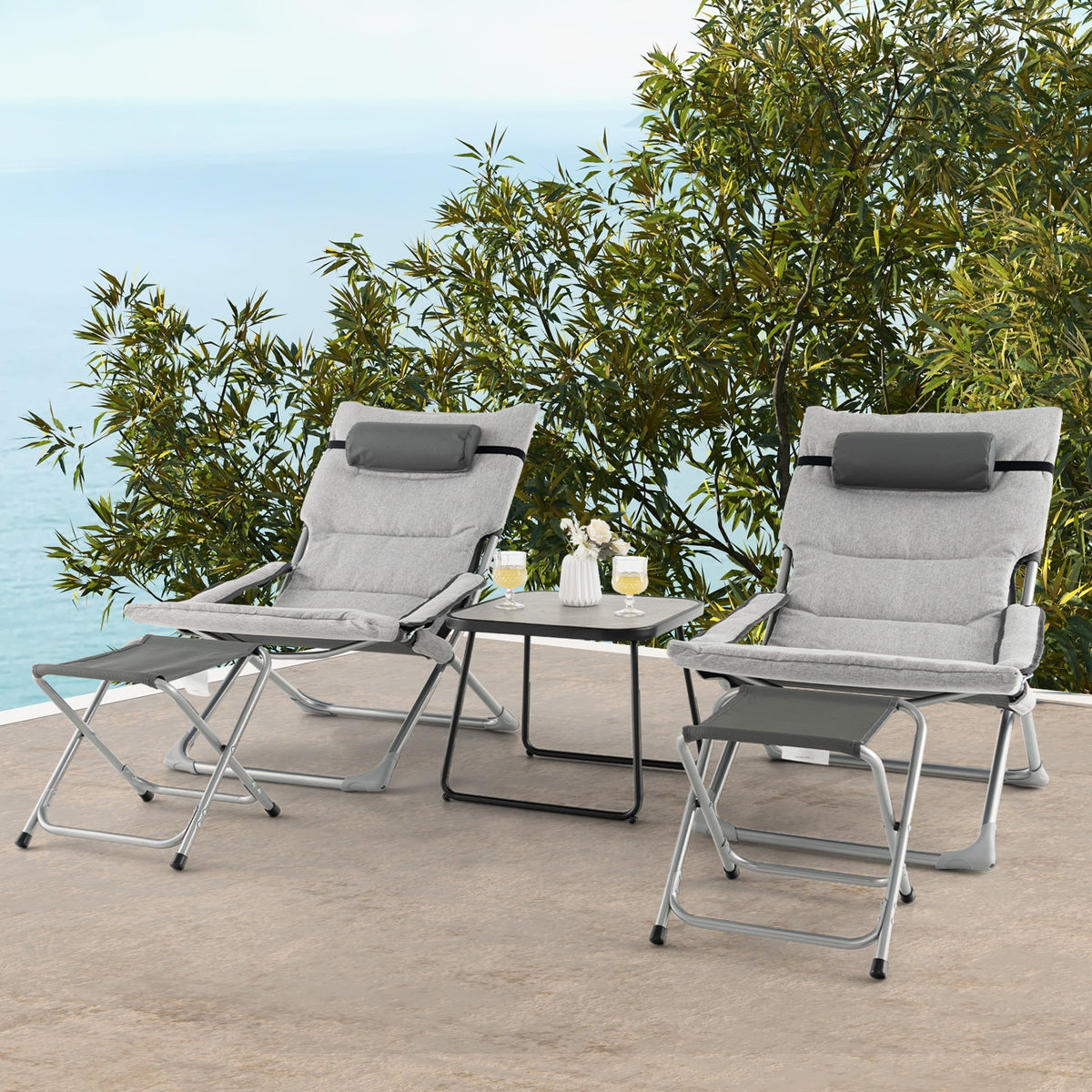 5-Piece Patio Sling Chair Set Folding Lounge Chairs with Footrests