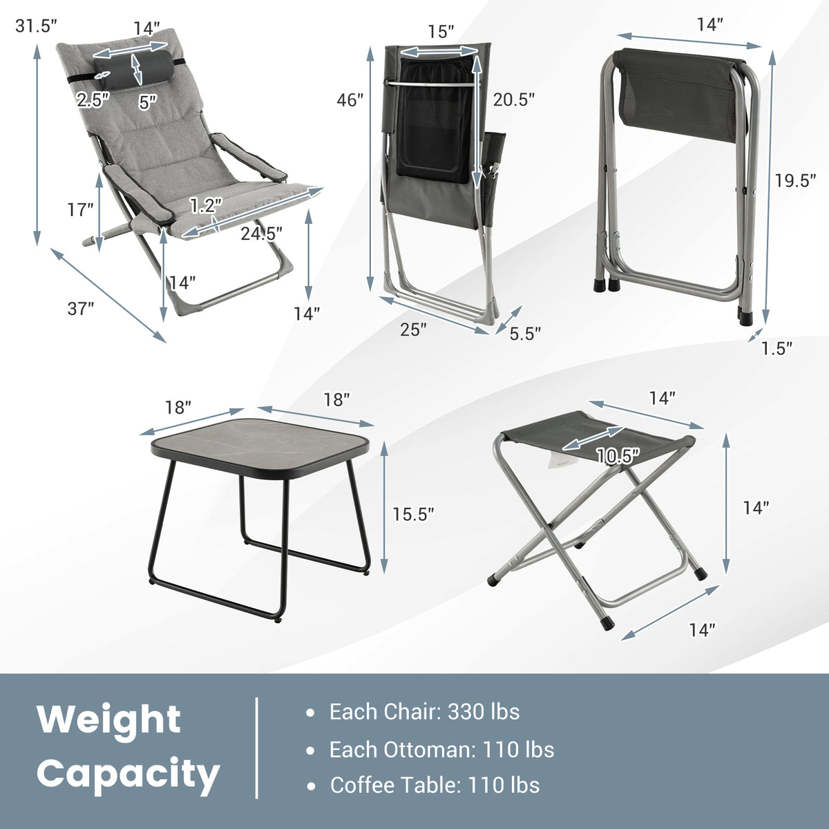 5-Piece Patio Sling Chair Set Folding Lounge Chairs with Footrests