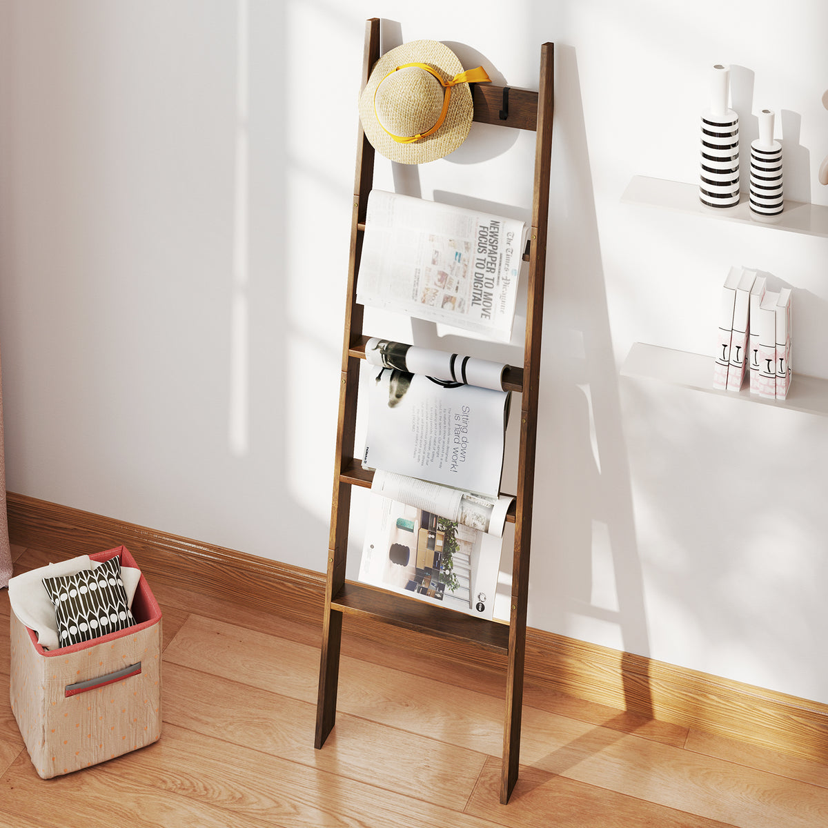 5-Tier Bamboo Ladder Bookshelf with 4 Removable Hooks