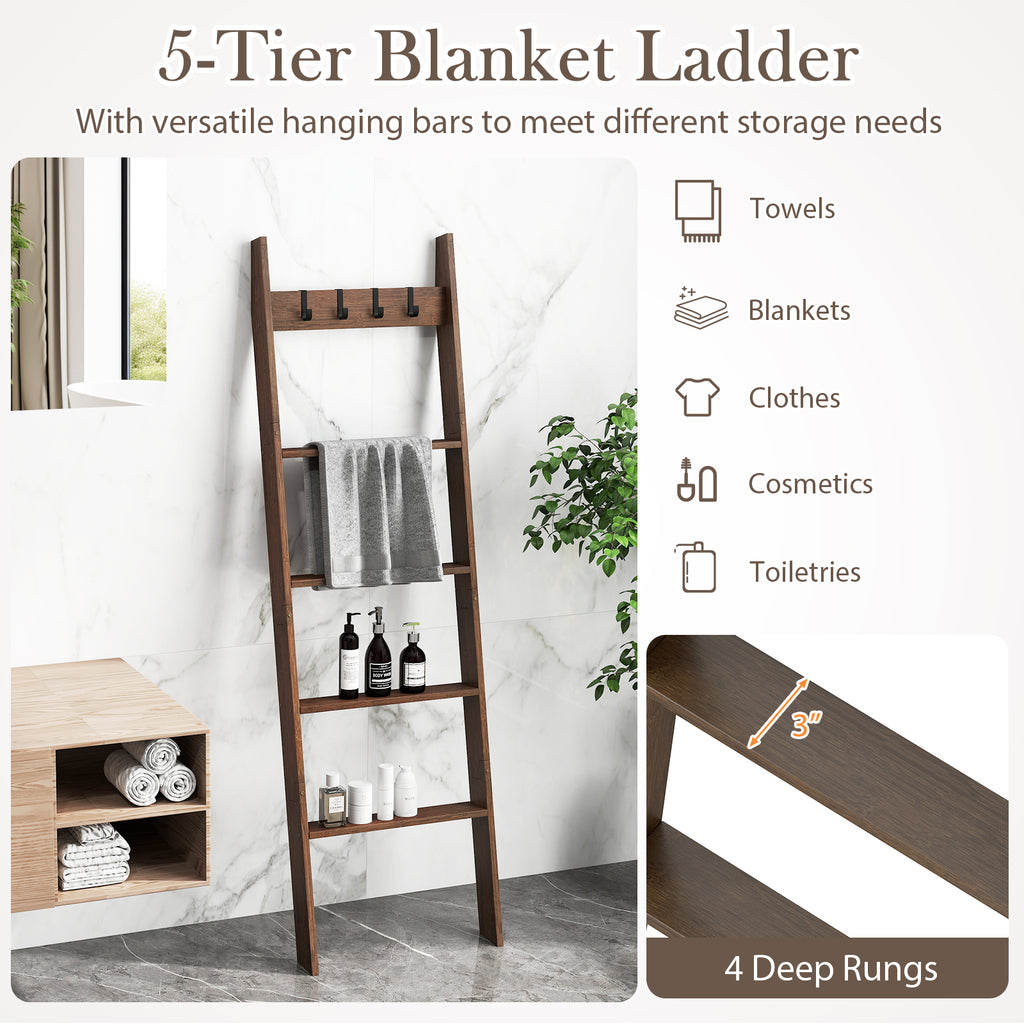 5-Tier Bamboo Ladder Bookshelf with 4 Removable Hooks