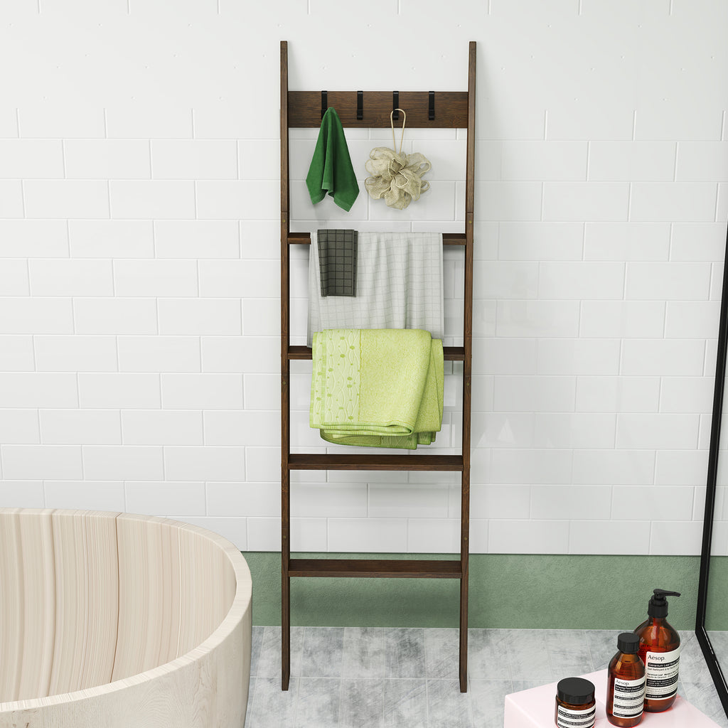 5-Tier Bamboo Ladder Bookshelf with 4 Removable Hooks