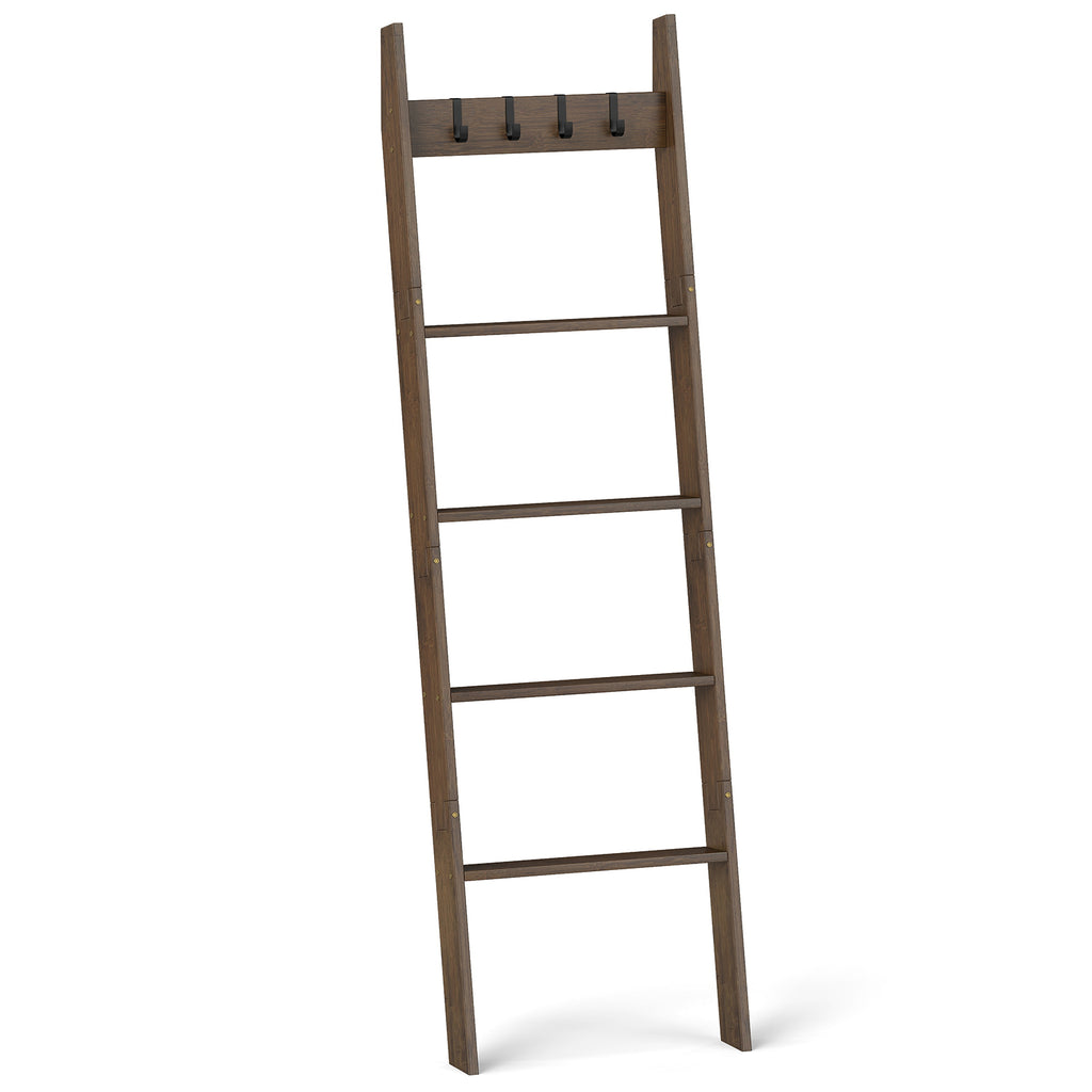 5-Tier Bamboo Ladder Bookshelf with 4 Removable Hooks