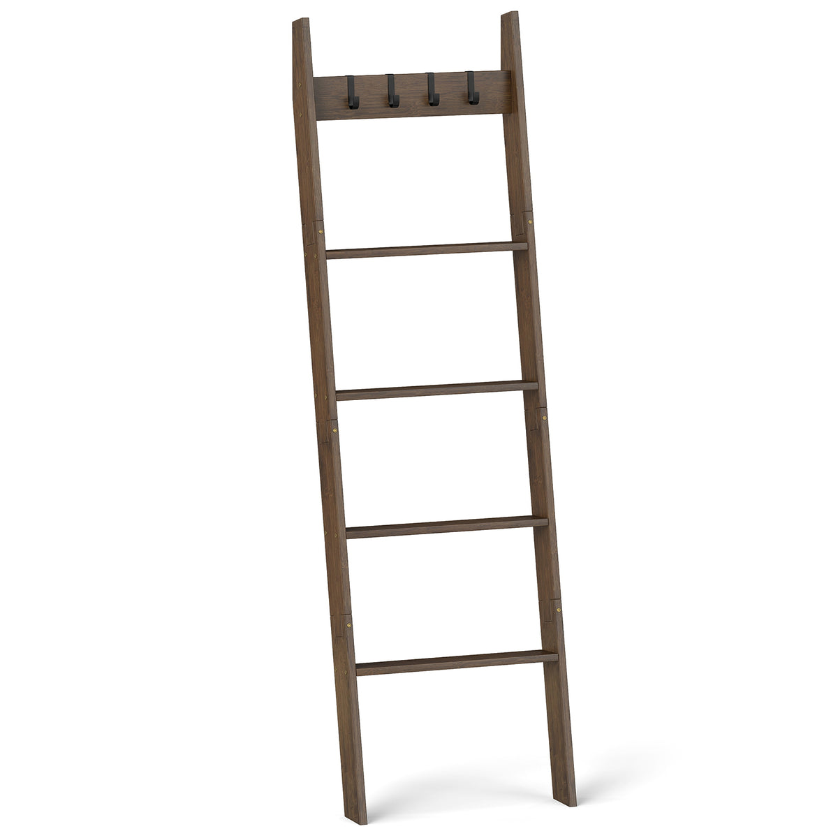 5-Tier Bamboo Ladder Bookshelf with 4 Removable Hooks
