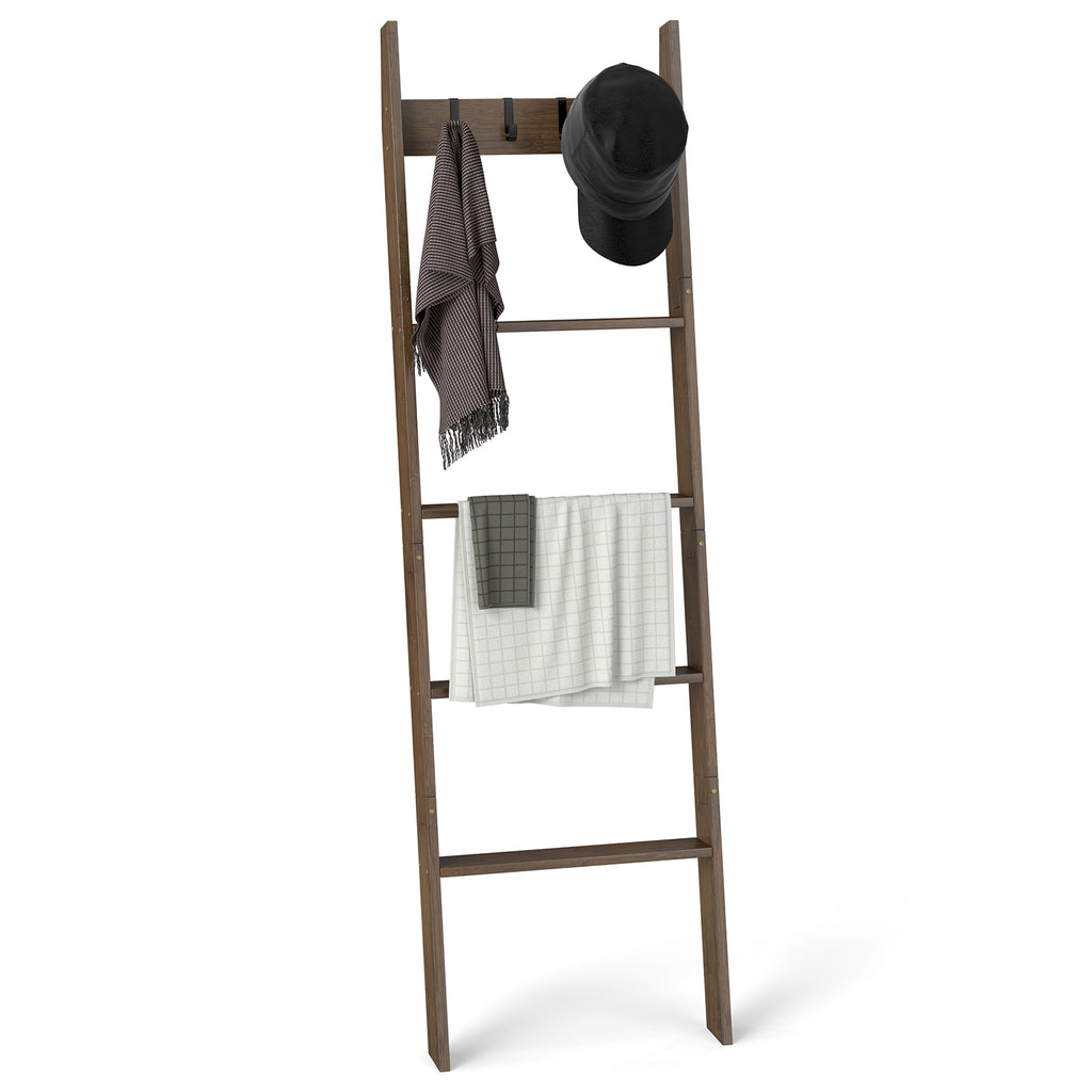 5-Tier Bamboo Ladder Bookshelf with 4 Removable Hooks