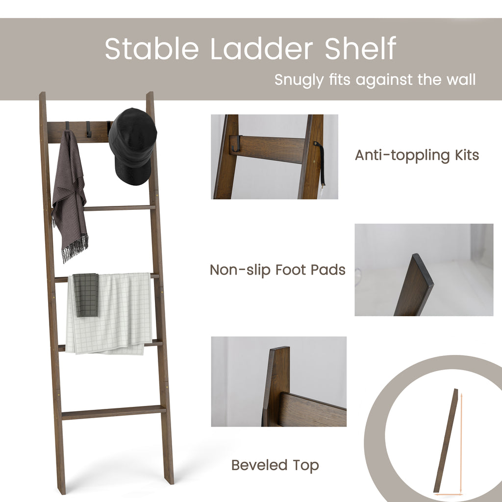 5-Tier Bamboo Ladder Bookshelf with 4 Removable Hooks