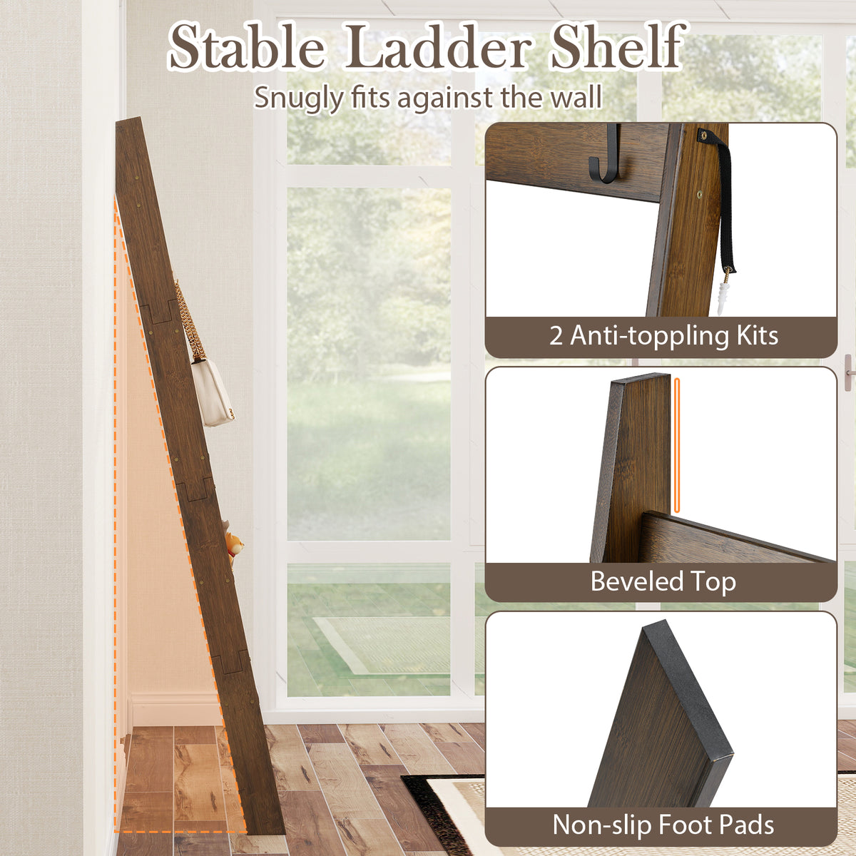 5-Tier Bamboo Ladder Bookshelf with 4 Removable Hooks