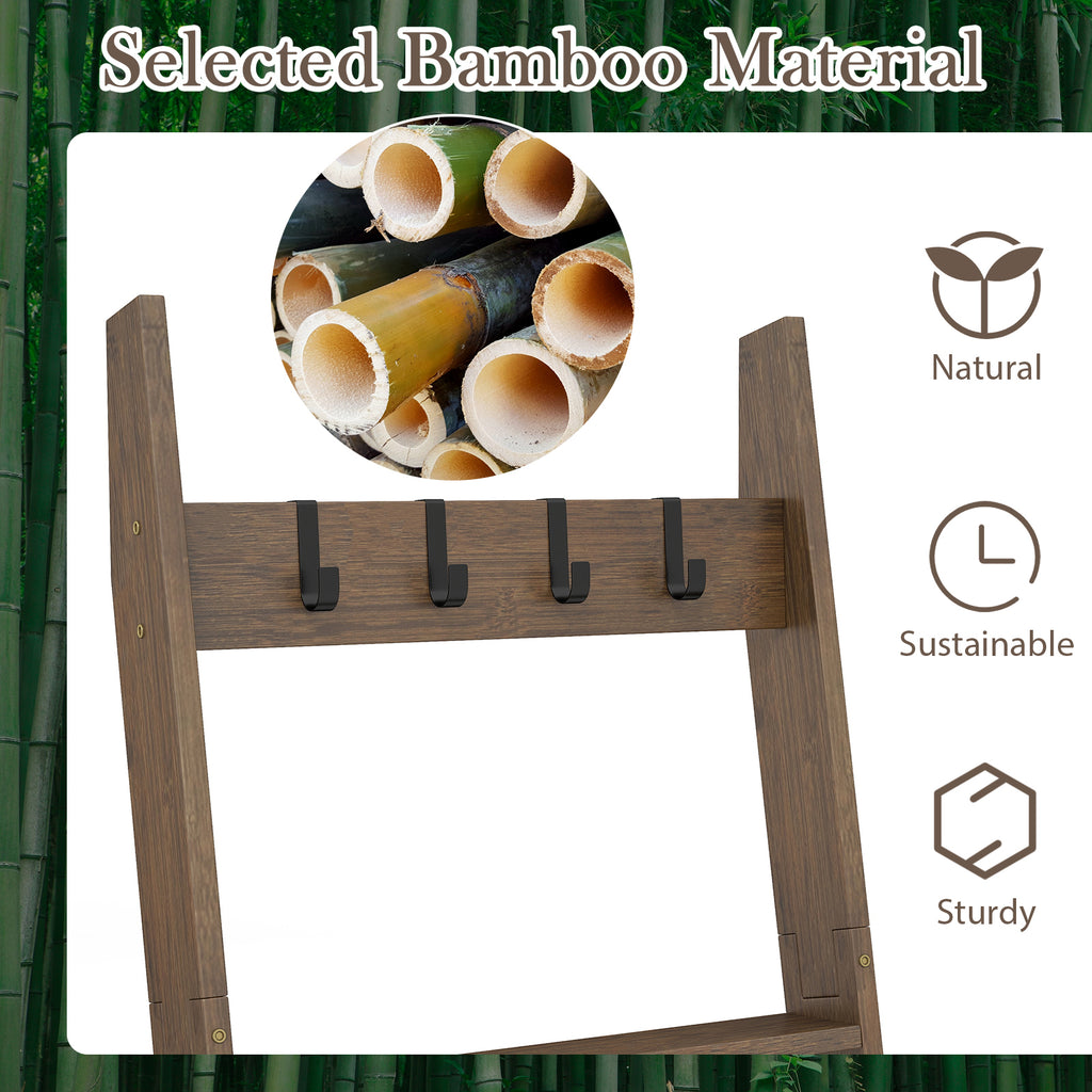 5-Tier Bamboo Ladder Bookshelf with 4 Removable Hooks
