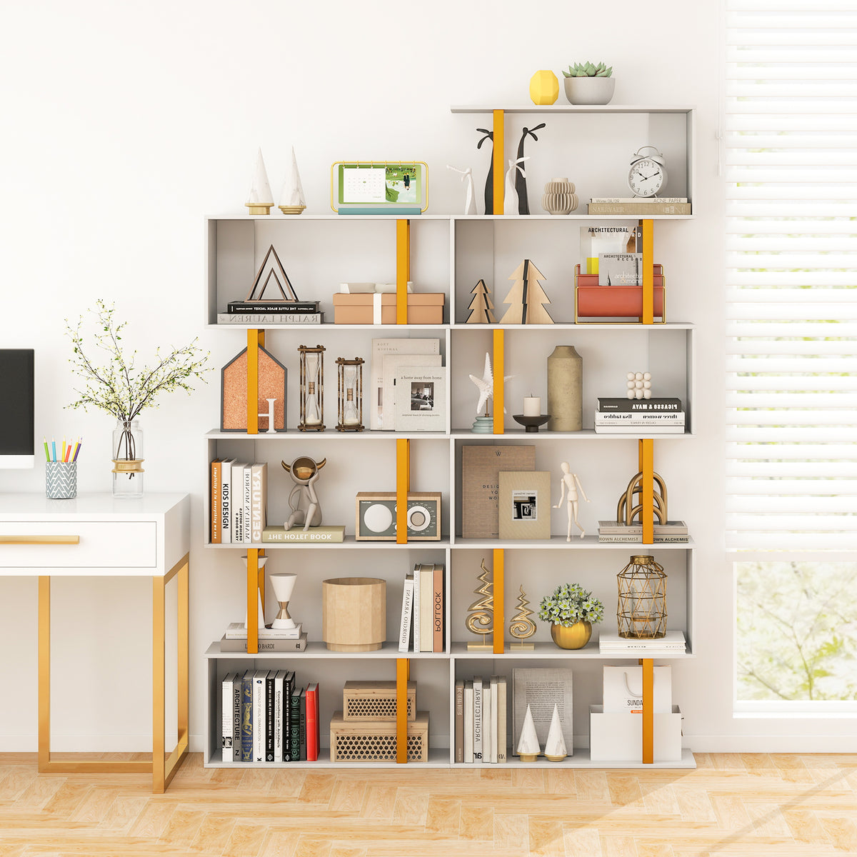 5-Tier Geometric Bookcase with Metal Frame & Anti-Tipping Kit